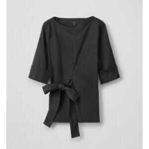 COS Wrap Blouse Tie Waist Belted Crew Neck 3/4 Sleeve Top, Black